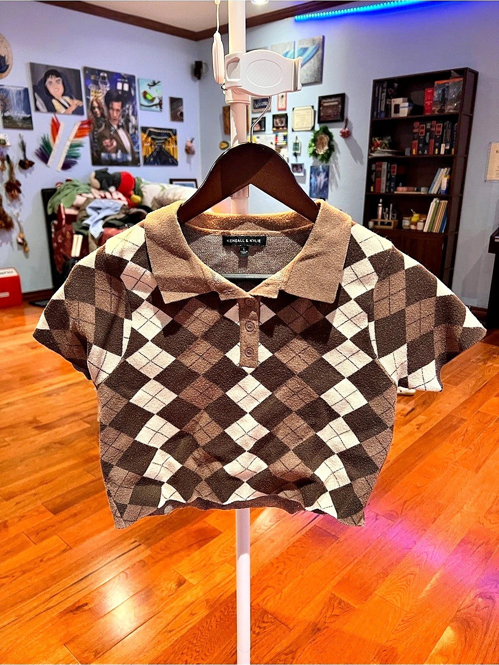 Kendall & Kylie Brown & White Argyle Polo Top